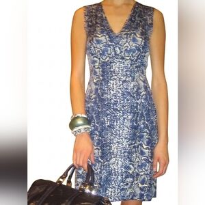 TORY BURCH Blue Silk Snake Python Print Sheath Dress V-Neck Sleeveless Size S
